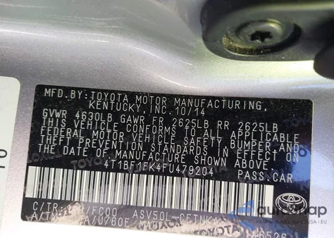 2015 Toyota Camry Le z USA, uszkodzony, nr VIN 4T1BF1FK4FU479204